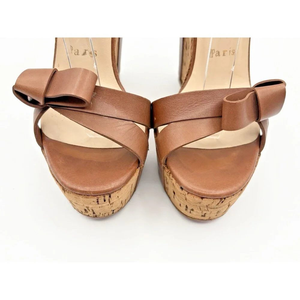 Christian Louboutin Cork Wedge Heels Brown Leather Bow Accent Size EU 35